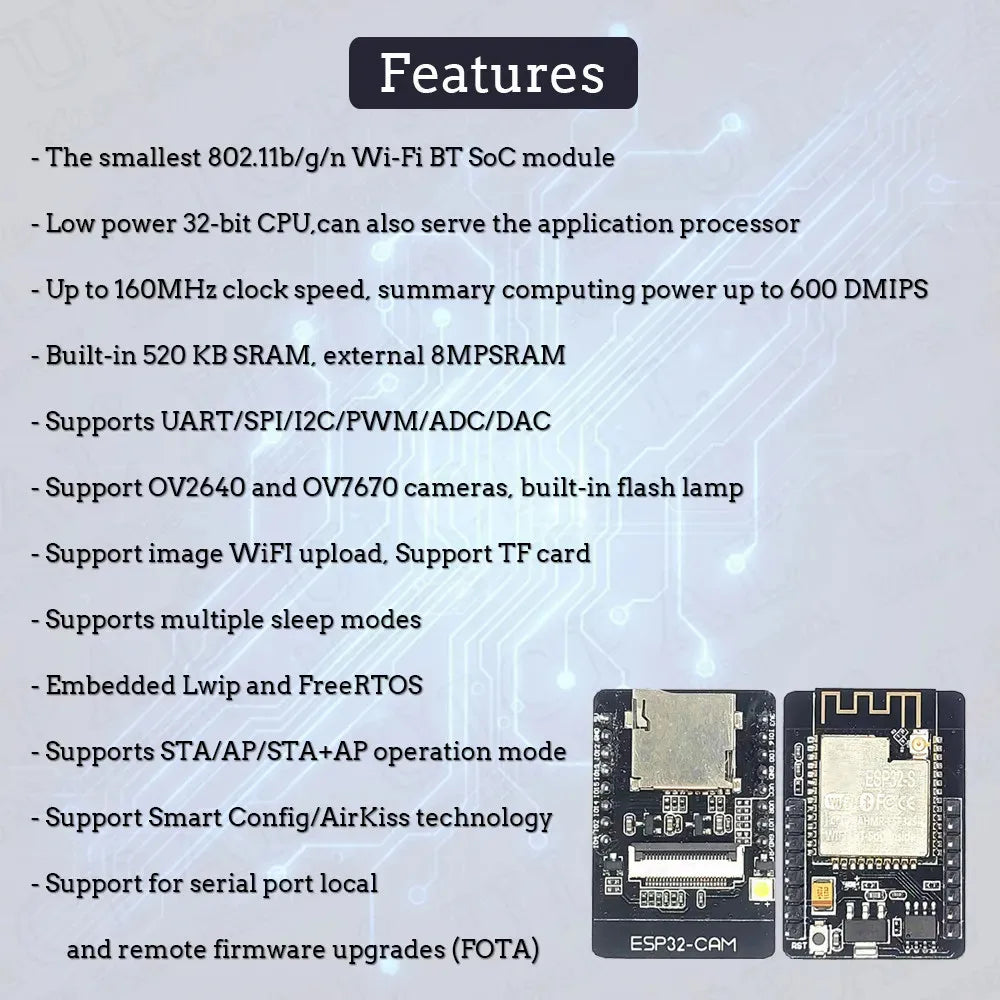 Original ESP32 CAM 2.4G Wifi Bluetooth Camera Module Development Board Low Power Dual Core 4MB PSRAM DIP-16 ESP32-S Good Tested
