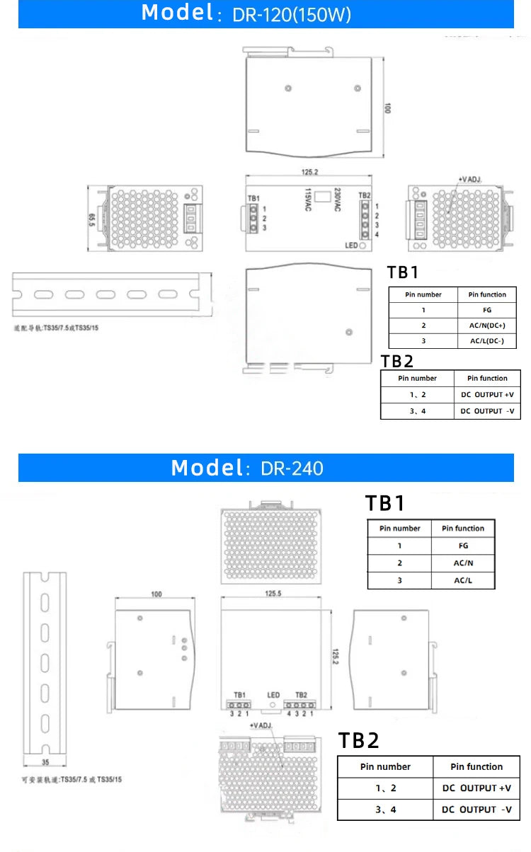 DR-60W Output 5V 12V 15V24V DIN Rail Switching Power Supply 24V DC 220V to 12V Transformer 5V Module Power Supply Box