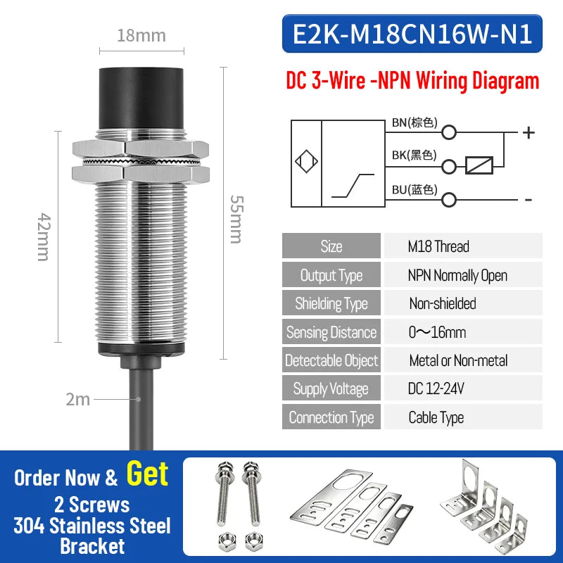 ZHICAN E2K M12 M18 Capacitive Proximity Sensor 30mm Long Range Plastics Glass Wood Metals Nonmetal Material Detection Switch