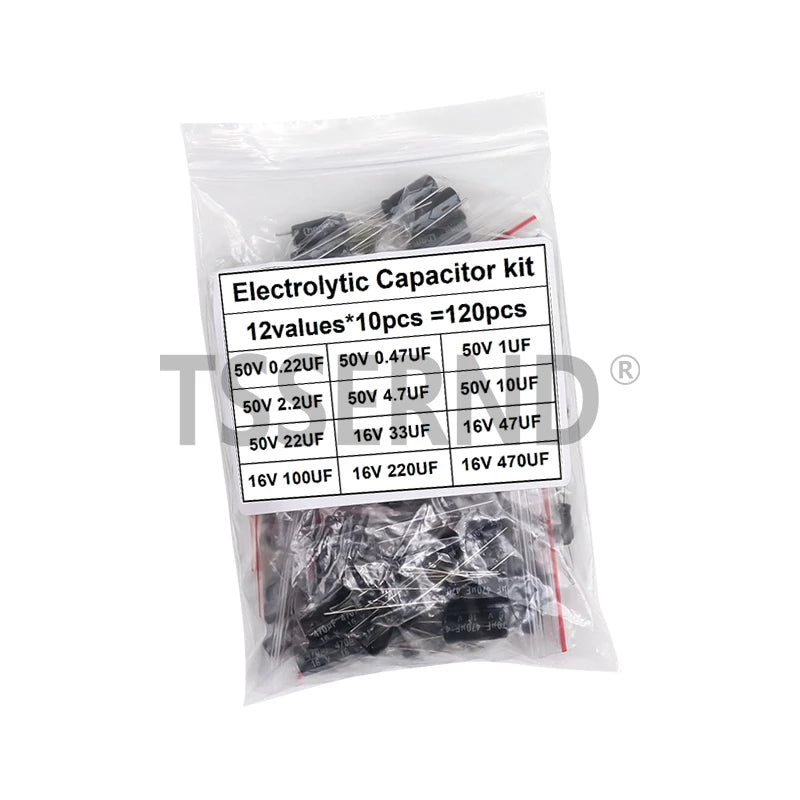 120pcs 0.22UF - 470UF 12Values*10pcs Aluminum Electrolytic Capacitor Assortment Kit Capacitance Pack 0.47UF 10UF 100UF 16V 50V