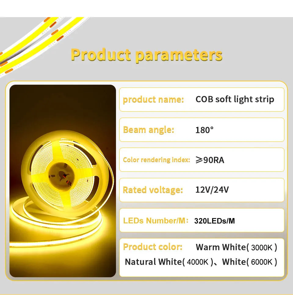 Linear regulável 24v 12v cob luzes de tira led 8mm 320leds/m fita flexível led para decoração do quarto 3000k 4000k 6000k 1m 5m