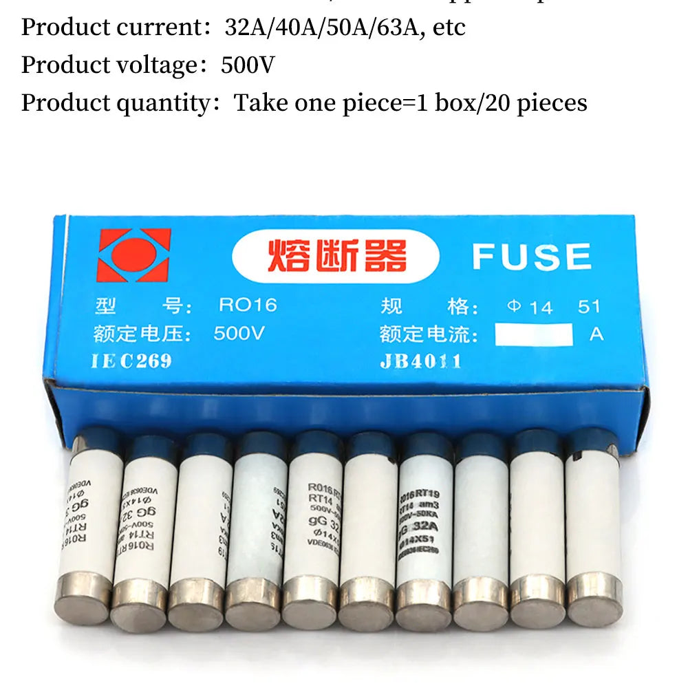 Javino 5/20/60Pcs 14*51mm(RO16)  Fast blow Ceramic Fuse 500V RO16-32A 40A 50A 63A RT18 RT14 Base