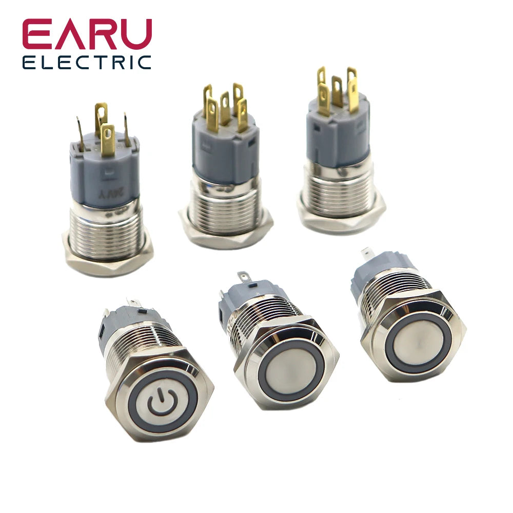 16mm Metal Push Button Switch Ring Lamp Power Symbol Buttons Waterproof Flat Head Momentary Latching LED Light Self-lock 1NO1NC