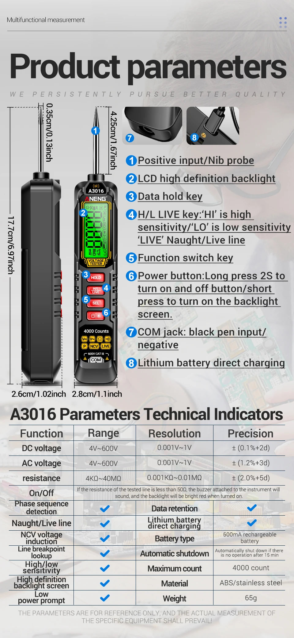 ANENG A3016 Digital Multimeter Pen 4000 Counts 600V AC/DC Voltage NCV Live Wire Tester Phase Sequence Detector with Flashlight