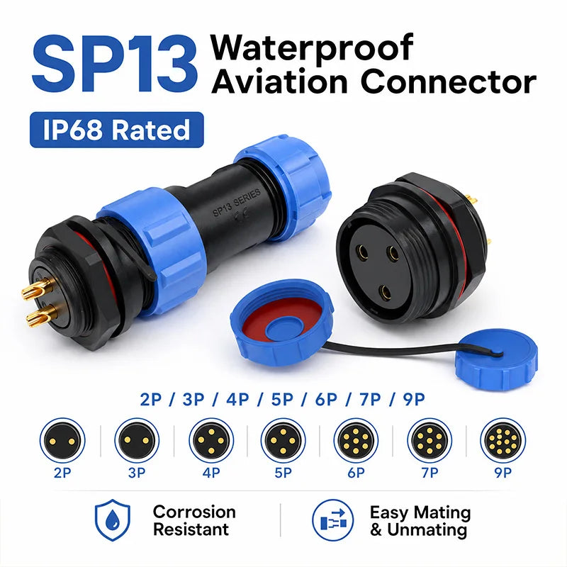 SP13 Waterproof Aviation Connector IP68 Panel Mount Cable Plug Socket 2 3 4 5 6 7 9 Pin Circular Connector Back Nut Set