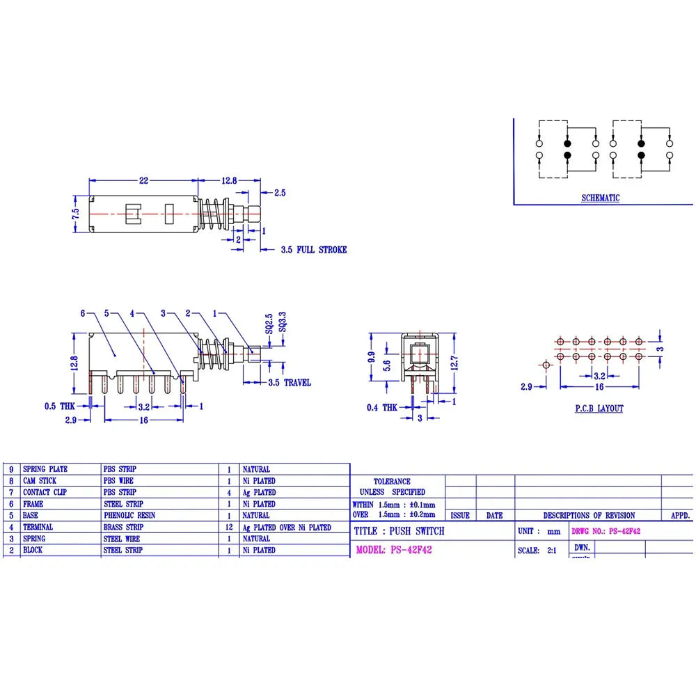 10PCS 12Pin PS42F42 Right Angle PCB Latching Push Button Switch  DPDT Double Pole Self/No-Locking Key Power Switches