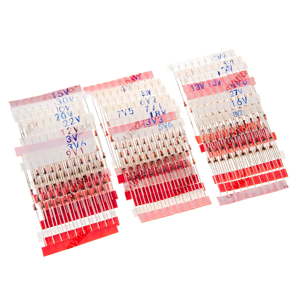 250PCS 25Values 1W Zener Diode Kit 3.0V-33V DO-41 for Voltage Regulation Electronic Projects 33V 12V 20V 13V 15V 24V
