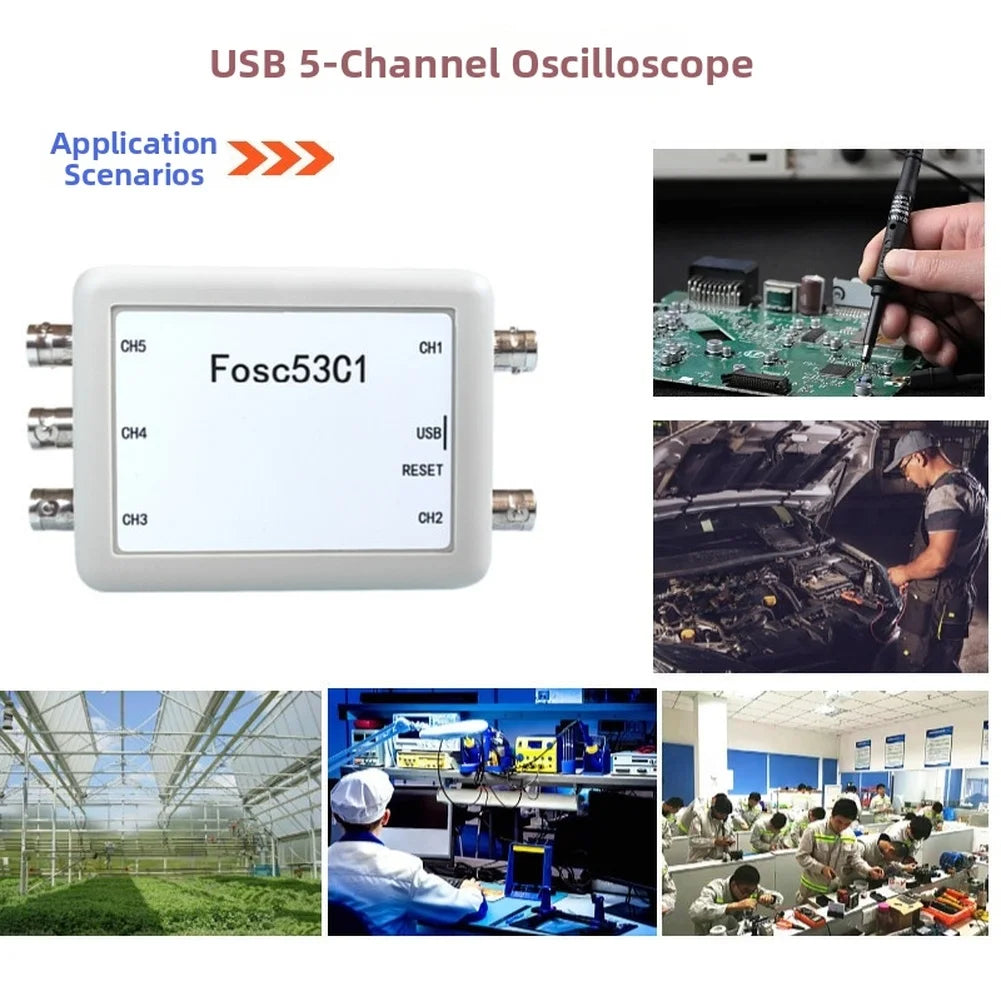 Fosc53C1 5 Channel USB Oscilloscope with 1MHz Sampling Rate 8.3 Million Sample Depth BNC Interface for Probing