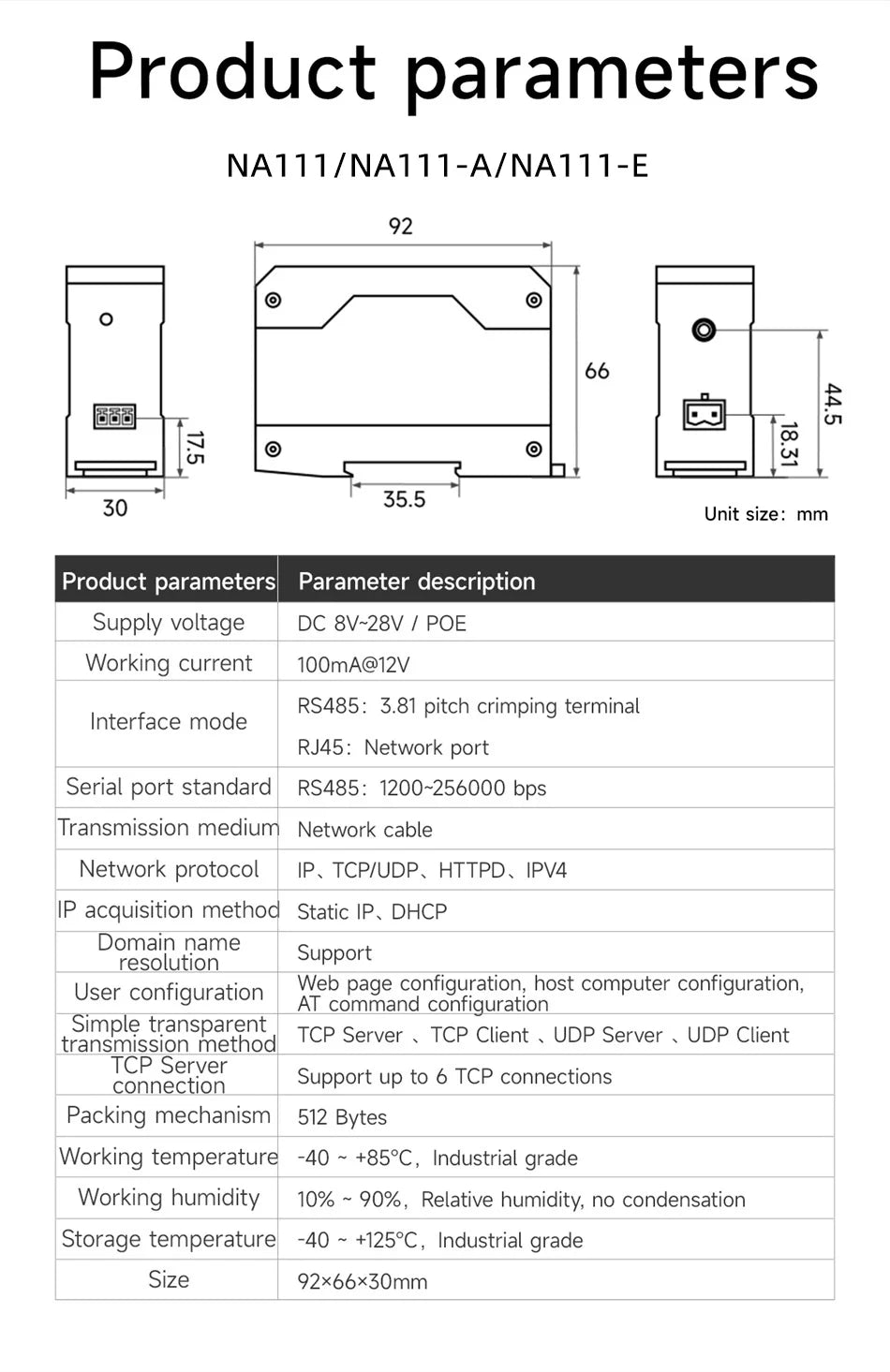Ethernet Serial Sever RS485 to RJ45 Rail Industrial Standard AC/DC/POE Data Transmission Transceiver CDEBYTE NA111 Series