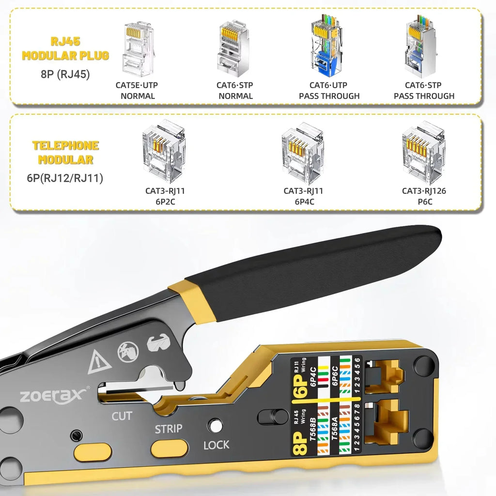 ZoeRax Pass Through RJ45 Crimp Kit Cat5e/Cat6 Crimper with 10PCS 8P8C Cat5e/Cat6 Connectors POE LAN Tester for RJ45 RJ11 Wiring