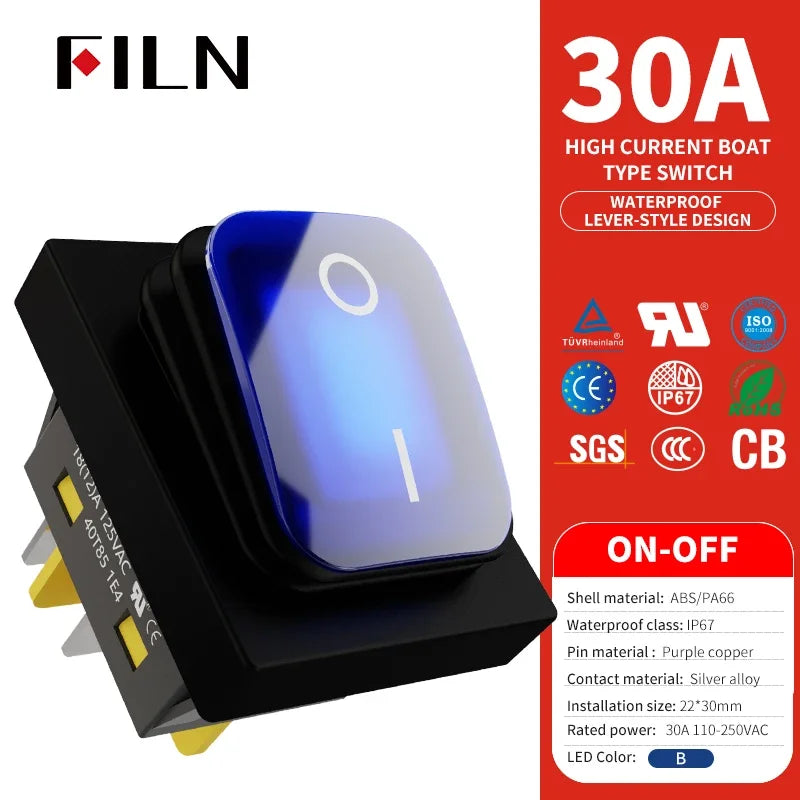 30A/250V Heavy Duty 4 Pin DPST IP67 Sealed Waterproof T85 Auto Boat Marine Toggle Rocker Switch with LED 12V 220V 30x22