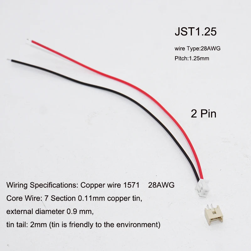 10 PCS Mini Micro Female JST 1.25 1.25mm 2-Pin 2PIN /3/4/5/6P Pin Connector Plug with 80mm 100mm 150mm 200mm Wires Cables