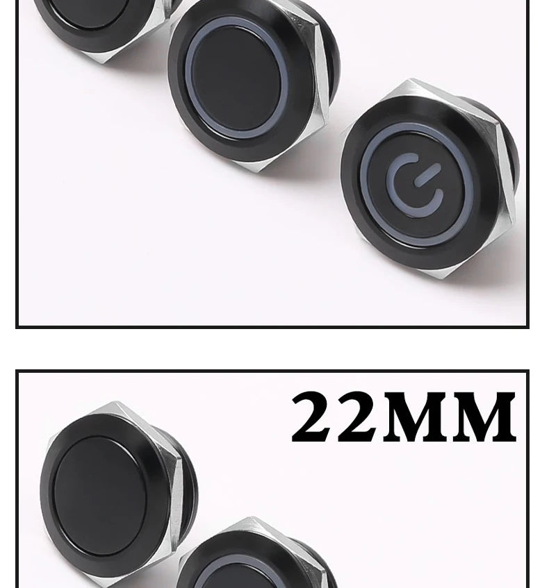 12/16/19/22mm Short Stroke Oxide Blcak Shell Metal Button Switch Waterproof Flat Head With Power LED Light Momentary 1NO 6V 24V
