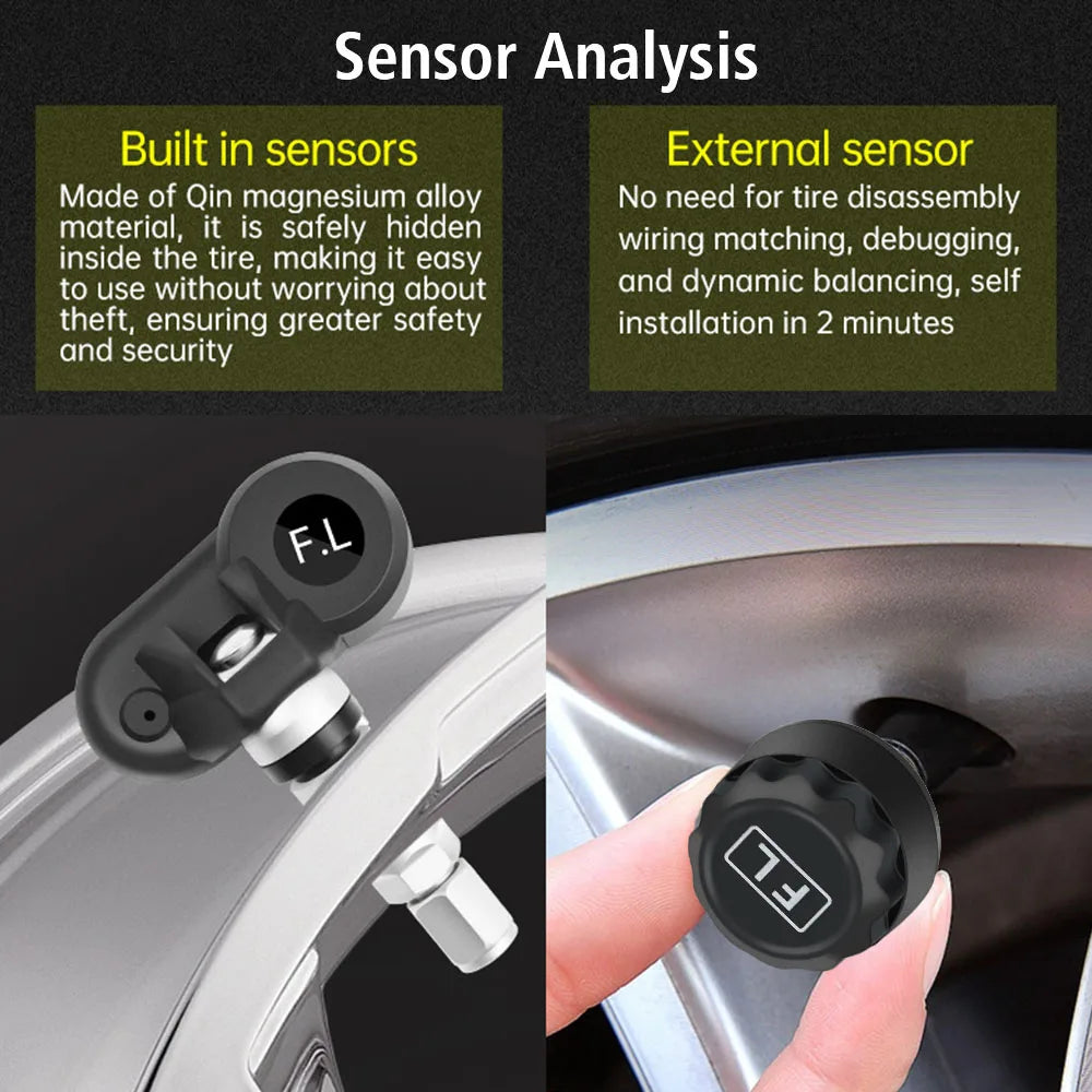 Tire Pressure Monitoring System Auto Security Alarm Systems Solar/USB Powered Tyre Temperature Monitor Car TPMS 4 Sensors