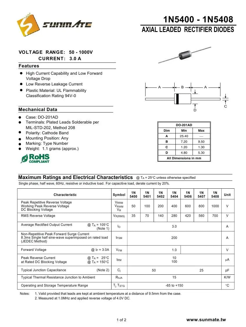 Rectifier diode M7 1N4004 1N4007 1N5404 1N5406 1N5408 6A10 10A10 20A20 power application M4 S10M Multiple specifications 20PCS
