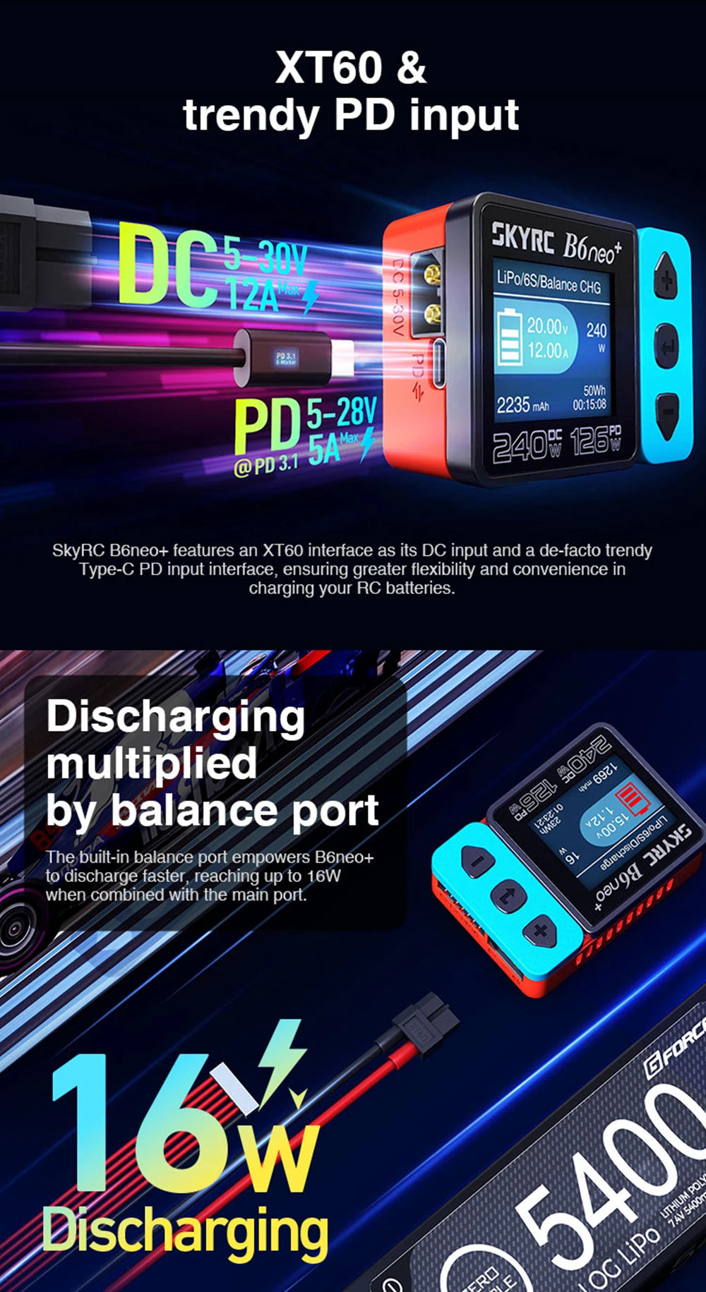 SkyRC B6 Neo Smart Charger DC 200W PD 80W LiPo Battery Balance Charger SK-100198 Compact 6S Charger Discharger