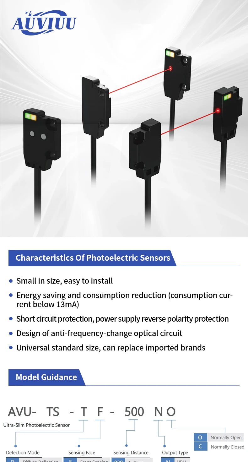 TS Ultra-thin Photoelectric Sensor 30/250/500/1000mm NPN PNP Front Through-beam Fast Response High Precision Anti‑interference
