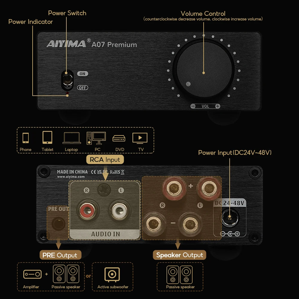 AIYIMA A07 Premium TPA3255 Power Amplifier 300Wx2 Class D Stereo 2.0 Digital Audio Amp HiFi Sound Amplifiers Home Speaker