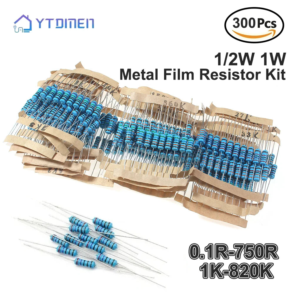 300PCS Metal Film Resistor Set 1/2W 1W 30 Values 0.1R~750R 1K~820K High Precision 1% Assortment Kit for Electronics Repair