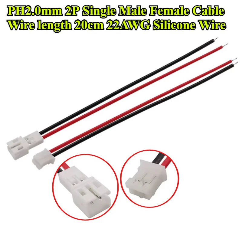 JST PH 2.0mm Pitch 2 Pin Male Female Cable Connector Micro PH2.0 2P Plug Jack Socket with Soft Silicone Wire Cables 20cm 22AWG