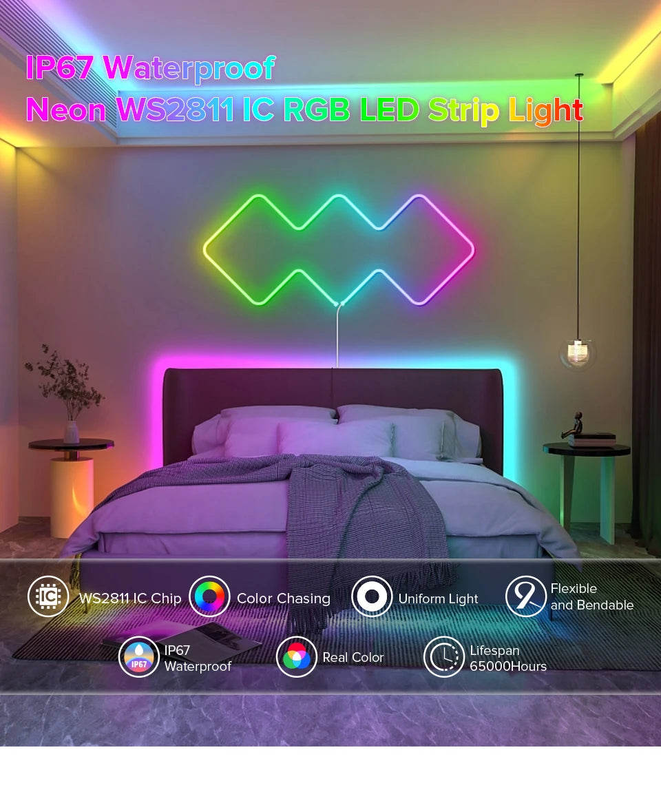 WS2811 RGBIC Neon Light Strip Addressable Neon Sign Silicone External 1 IC Control 6 LEDs Bright Tape 108 LEDs/M 24V IP67 3m 5m