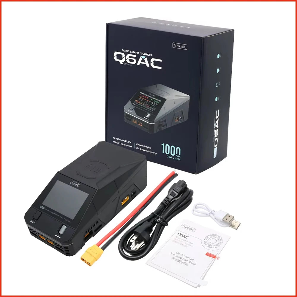 ToolkitRC Q6AC Charger AC 400W/ DC 1200W 4CH Built-in 65W USB Output 15W Wireless Charger For RC 1-6S Lipo LiHv Battery