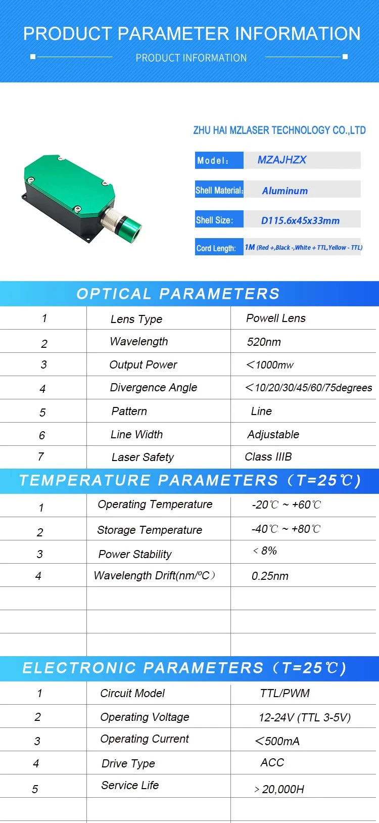 TTL PWM Green Line Laser Diode Module High Brightness Adjustable Focus 520nm 1000mW 1W Powell Lens Long Life Industrial Laser