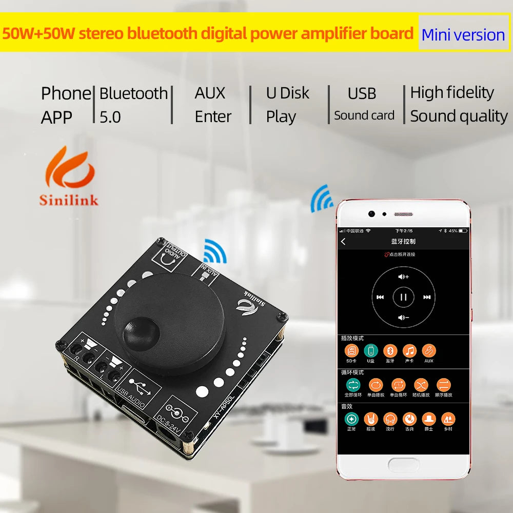 Mini Bluetooth 5.0 50W+50W Dual Channel Audio Power Digital Amplifier Board Stereo Amplifier 3.5MM AUX USB APP XY-AP50L