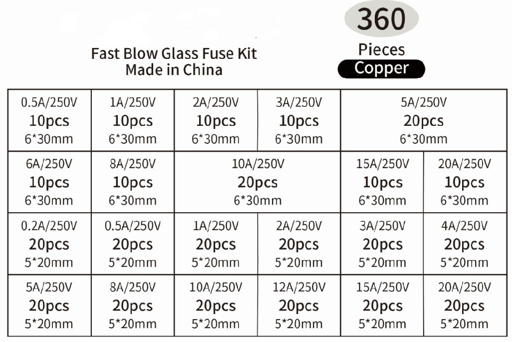 360pcs 5*20,6*30mm Glass Tube Fuse Combination Fast Melting Glass Tube Fuse Combination Kit Fast Melting Glass Fuse