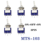 5Pcs Blue Miniature Lever Toggle Switch Single Pole Double Throw ON-OFF-ON /ON-ON 120VAC 6A 1/4 Inch Mounting MTS-102 103 202