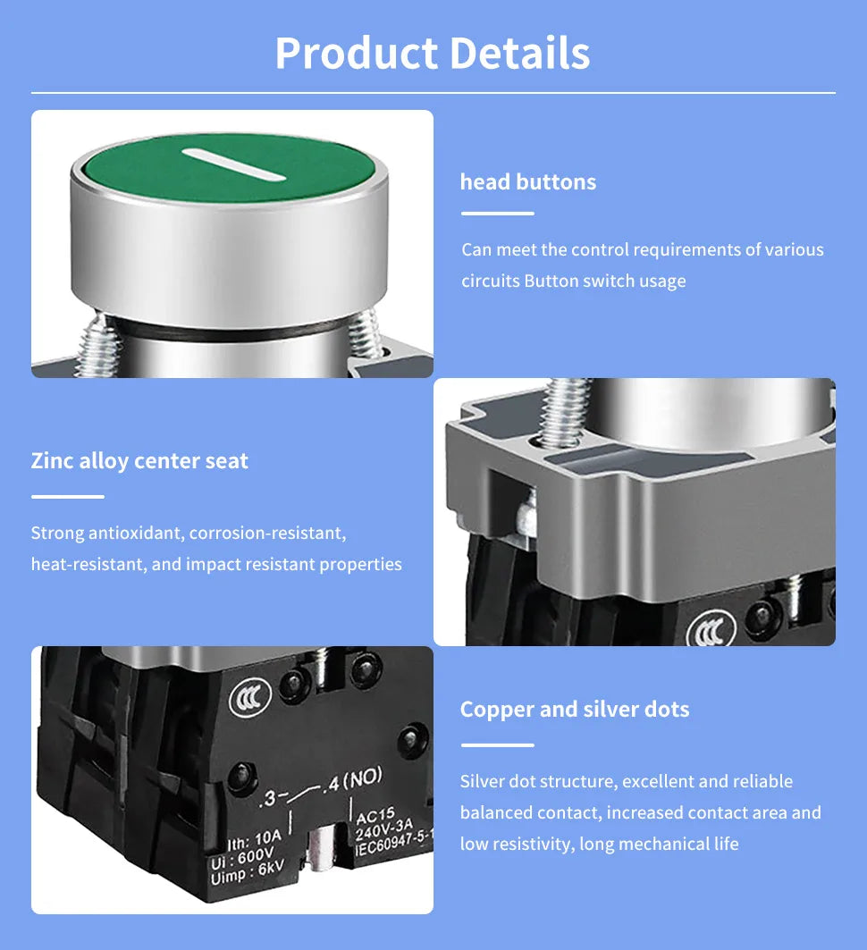 10Pcs 22MM Momentary symbols Push Button Switch 1NO1NC SPDT 10Amp 600V Metal Head Waterproof IP65,Control power button switch