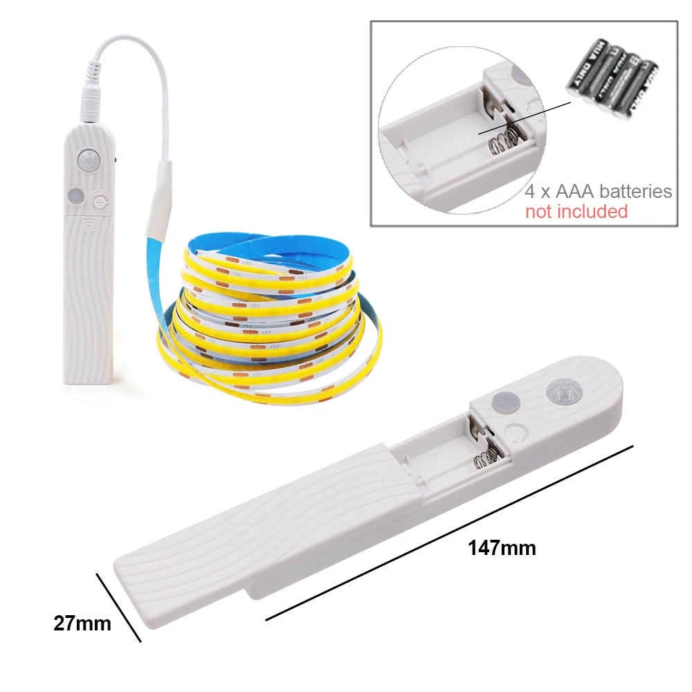 5V Motion Sensor Nigth Light COB Led Strip USB Battery Power 3mm 5mm 8mm PCB 320 LEDs Flex Lamp for Under Cabinet Kitchen Stairs
