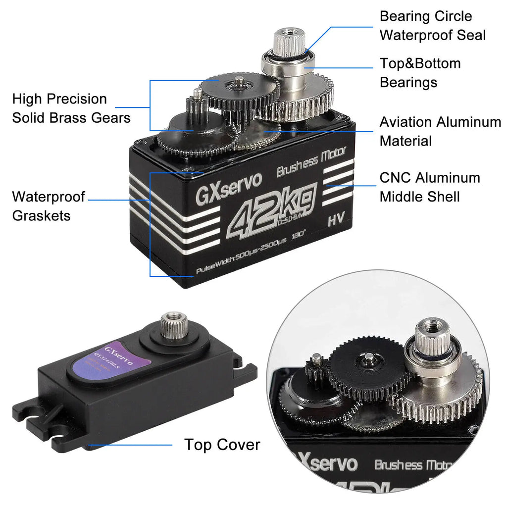 Brushless Motor 180° Metal Gear High Torque Digital Servo 42KG with 25T Metal Servo Arm for 1/10 1/8 RC Car Robot Boat Truck