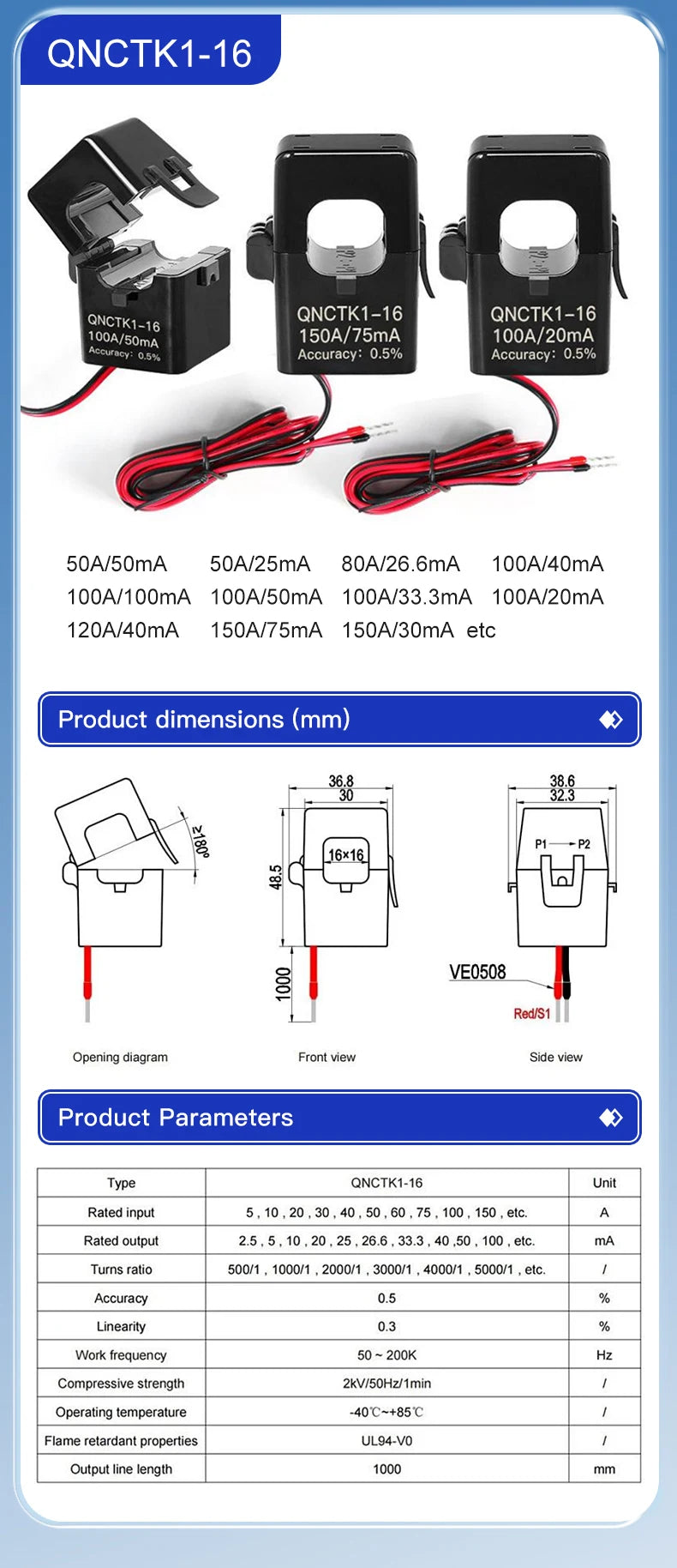 Clamp CT Current Transformer QNCTK1-16 100A 50mA 50A 25mA 100A 40mA 50A 20mA Open Current Sensor Split Core Current Transformer