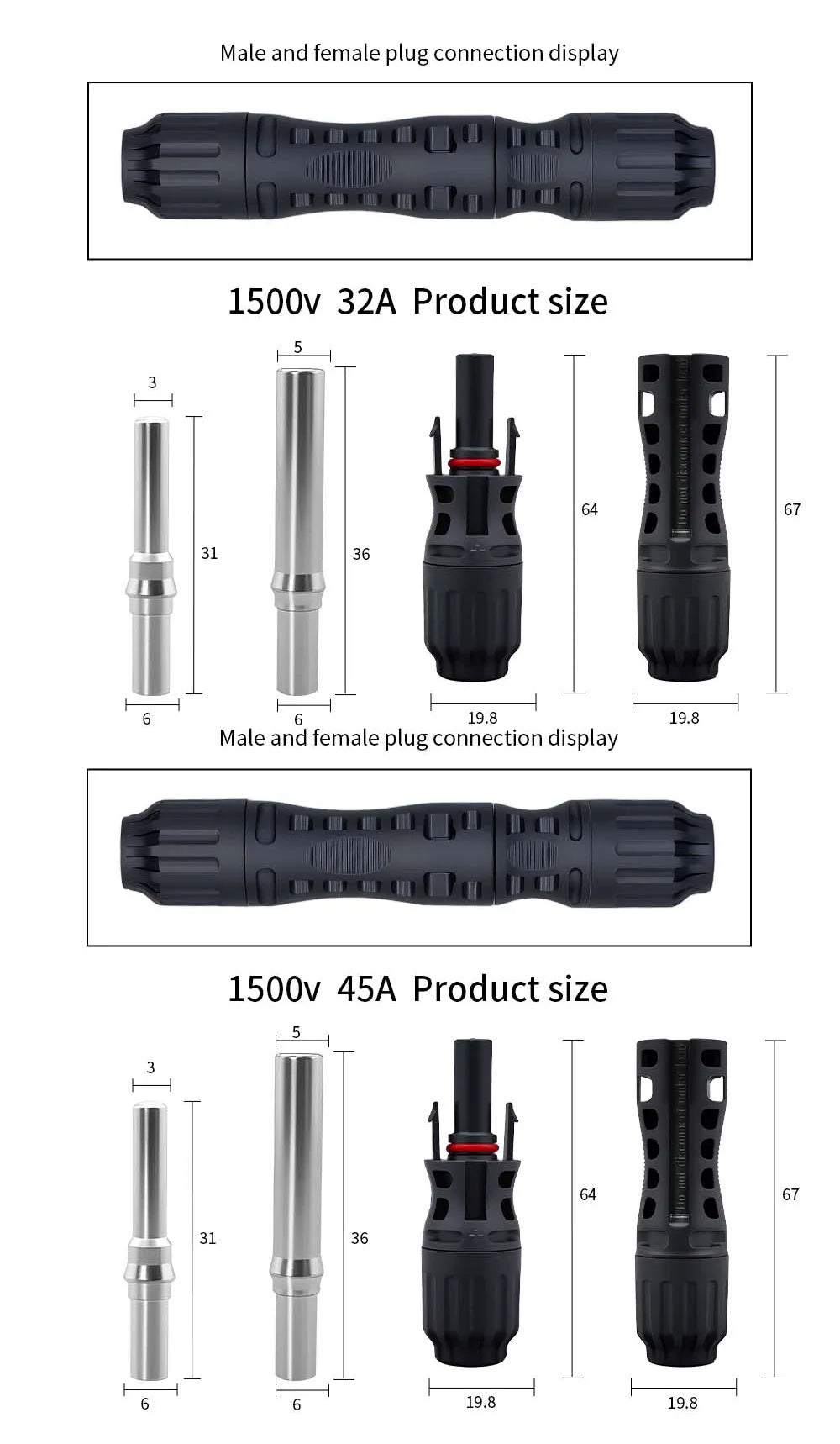 TOMZN 2 Sets of PV Solar Connectors 1000V 1500V 32A 45A Panel Branch PV Photovoltaic Wire/Board Terminal Box Inverter IP67 10LOT