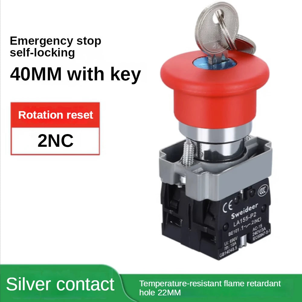 22mm Mushroom Emergency Stop Button Switch XB2-BS542 BS442 BS642 BS142 10A Key Emergency Stop Power Button Switch Starter Switch
