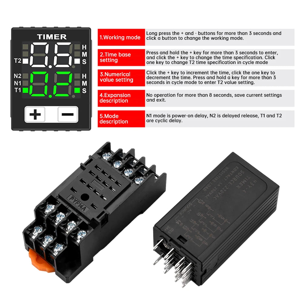 H3Y-4 DC12V DC24V AC220V Liquid Crystal Time Relay Dual Time with Base Small Digital Display Cycle Time Control Delayer