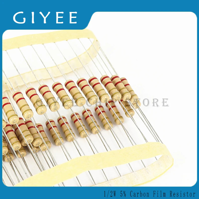 50pcs 1/2w 0.5W 5% Carbon Film Resistor 1R~1M 2.2R 10R 22R 47R 51R 100R 150R 470R 1K 4.7K 10K 47K 1 2.2 10 22 47 51 100 150 ohm