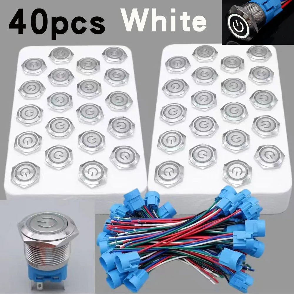 40pcs 22mm Push Button Switch Latching Momentary Metal PC Power LED Light On Off with Wire Waterproof 12v 3v 5v 6v 24v 220v Red