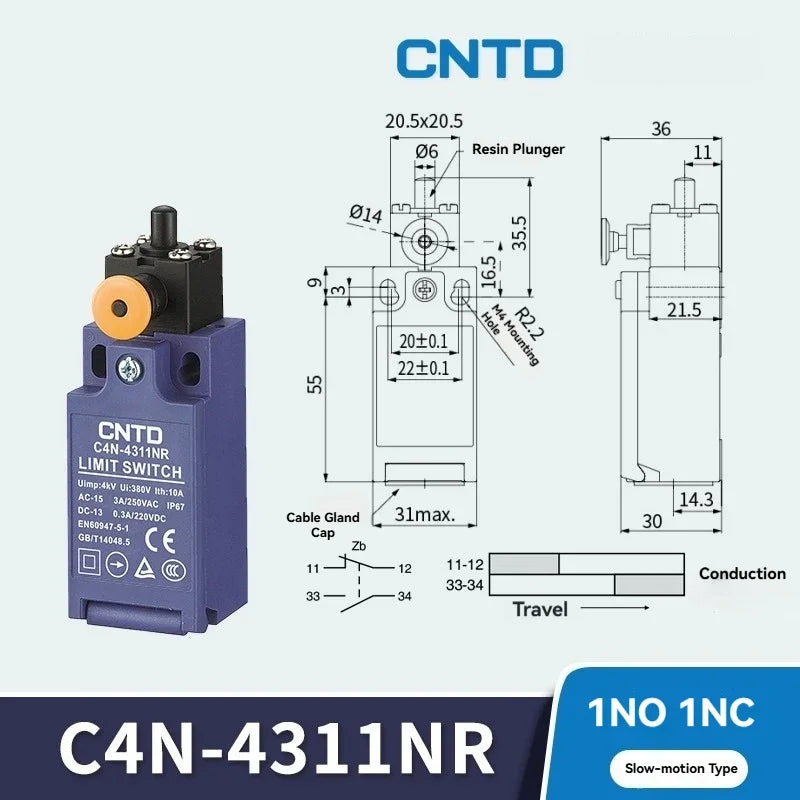 CNTD C4N‑NR Series vertical safety Micro Limit Switch IP65 Waterproof and dustproof Silver contact Safety Interlock C4N-4304NR