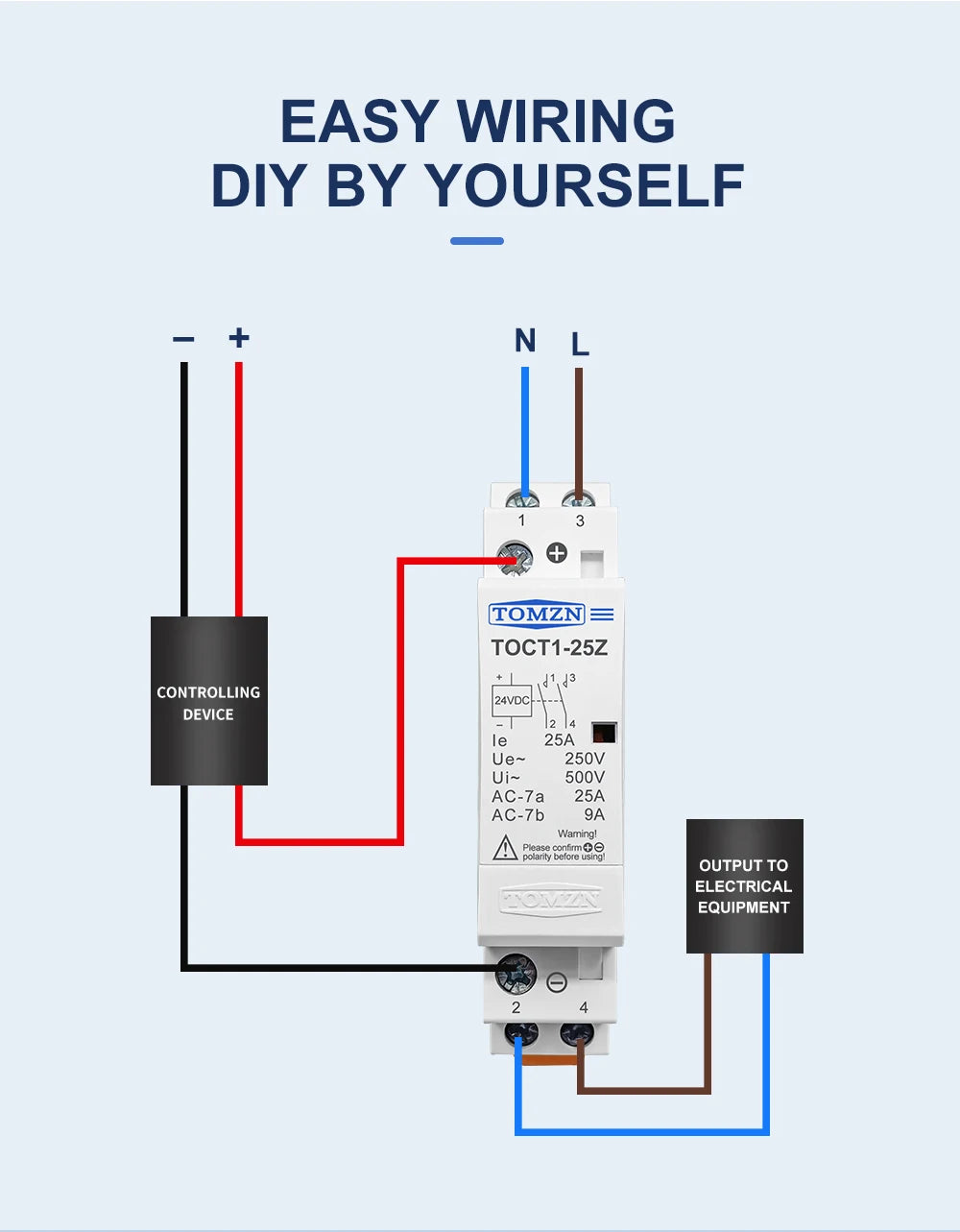 TOMZN TOCT1 2P 25A DC 12V 24V Coil 220V/230V 50/60Hz DIN Rail Household AC Modular Contactor 2NO or 1NO 1NC