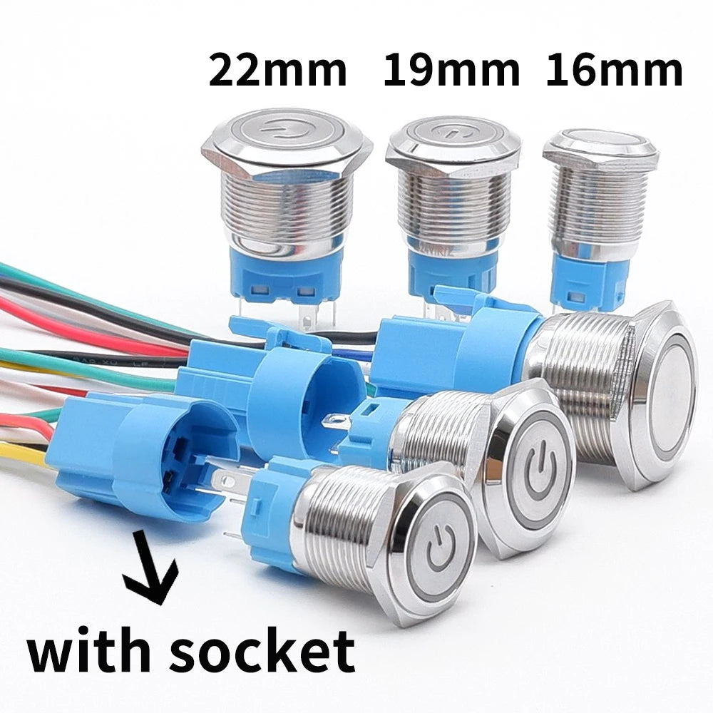 16mm 19mm 22mm Metal Push Button Switch Led Backlit On Off Car Engine Power Start Stop Waterproof With Wire 1NO1NC 5V 12V 220V