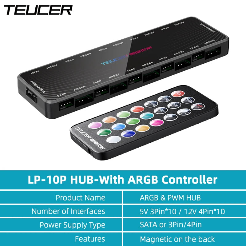 TEUCER LP-10P 12V 4Pin PWM & 5V 3Pin ARGB with SATA 10 Way Sync Fan Hub PC Cooling Fan Addressable RGB Lighting Splitter