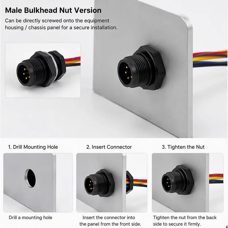5PCS M12 IP65 Waterproof Aviation Connector 2 3 4 5 6 8 Pin Metal Panel Mount Male Plug Socket Pigtail Cable for Industrial Use