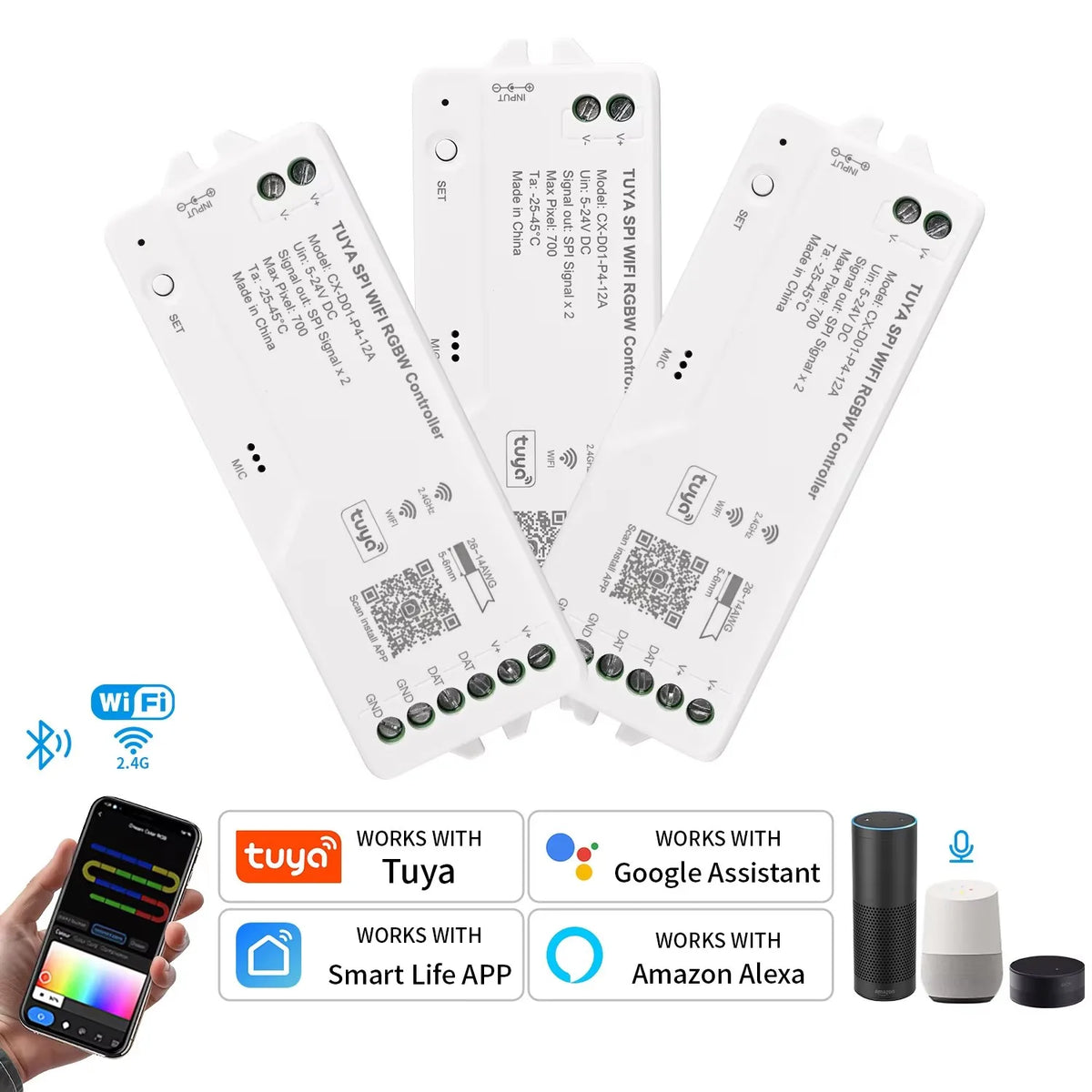 Tuya Wifi LED SPI RGBIC RGBWIC Controller WS2811 WS2812B SK6812 Addressable LED Strip Light Voice Control Alexa Google 5-24V