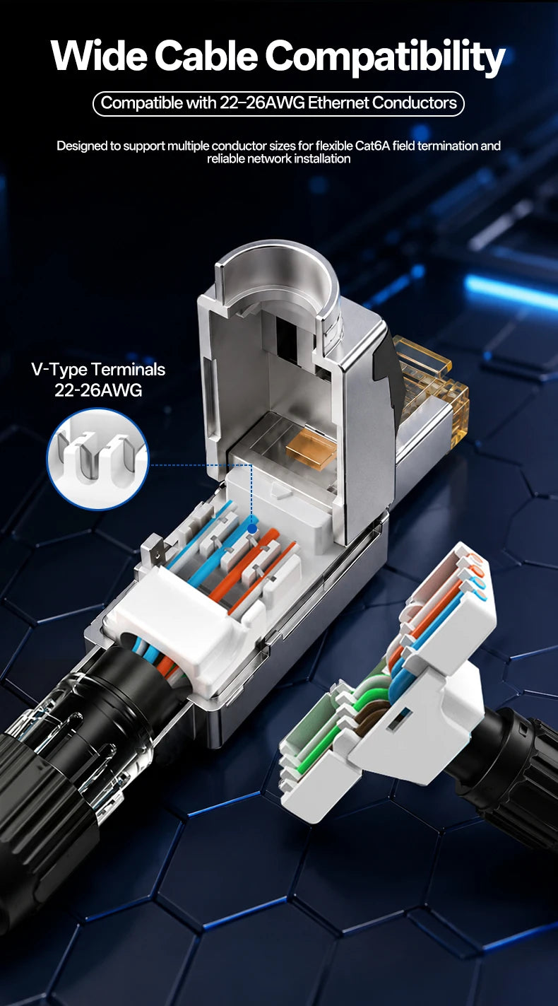 BYXGD CAT6A Tool‑Free Shielded RJ45 Connector 10Gbps 500MHz Reusable STP Ethernet Plug No Crimp Tool for 22‑26AWG Network Cable