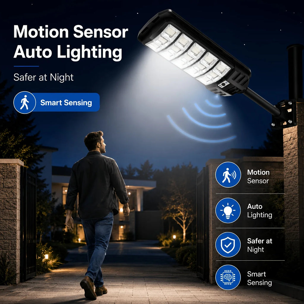 Large Solar Street Light Three-Panel LED with Human Motion Sensor Auto On Off Dusk to Dawn High Efficiency Solar Panel Super Bright Wide Angle Illumination IP65 Waterproof Wireless Security Lamp for Courtyard Driveway Garden