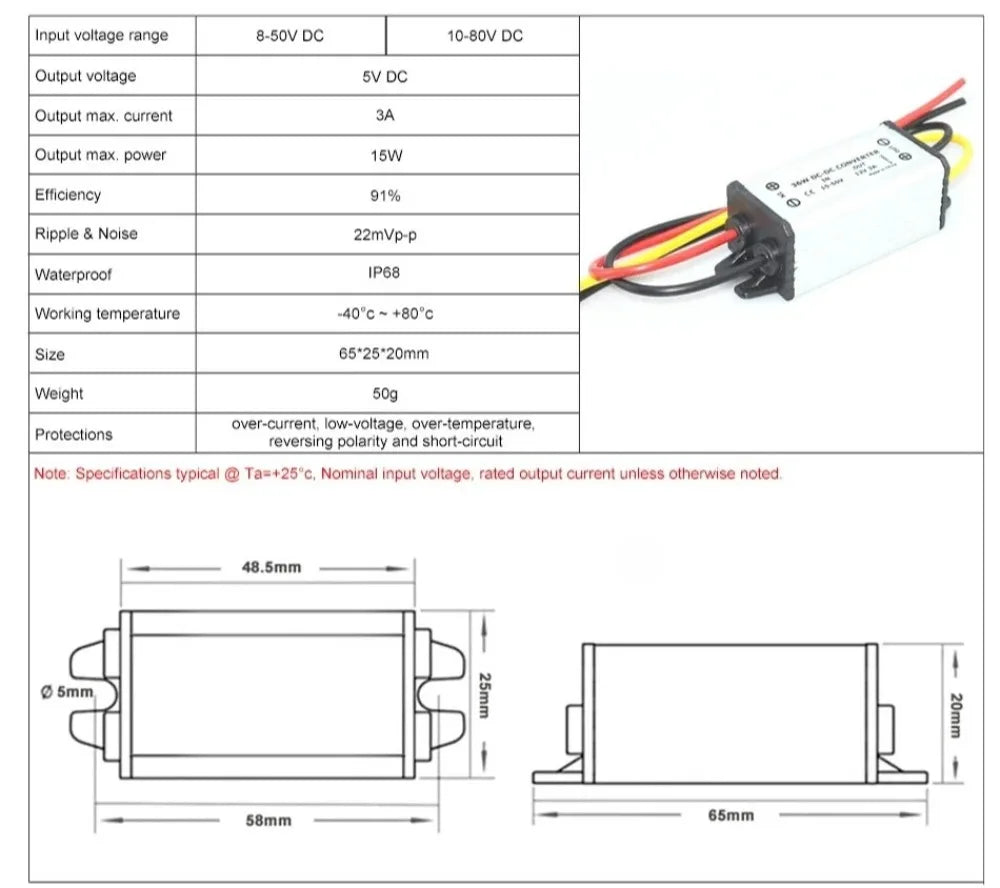 12V 24V to 5V 3A 5A 10A 8-36V Buck to 5V Step Down DC-DC Power Converter Switching Voltage Power Supply 12Volt to 5Volt for Car