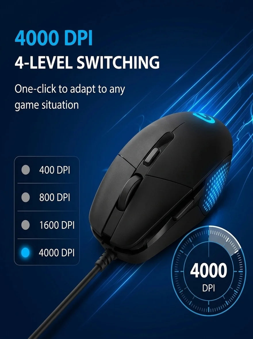 Logitech G302 Wired Ambidextrous Gaming Mouse 4000DPI On‑The‑Fly DPI Switch RGB Backlit 6 Assignable Buttons For Laptop Desktop