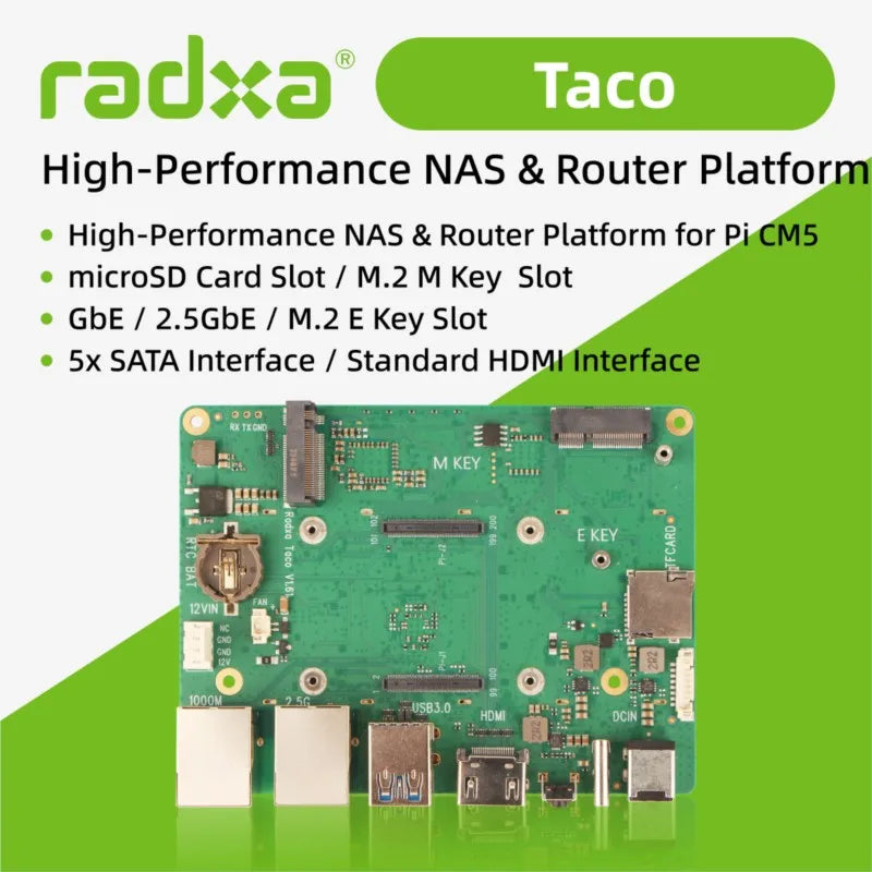 Radxa Taco NAS & Router Platform, High-Performance Board, Raspberry Pi CM5 Compatible Storage & Networking System